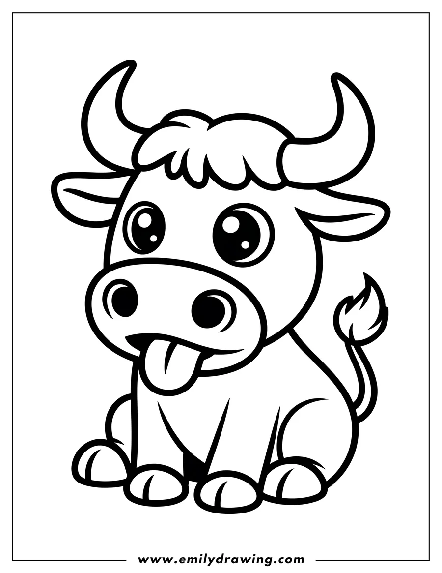 Outline of a playful ox sitting with its tongue sticking out