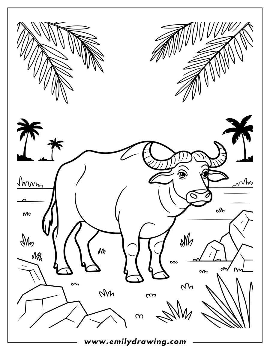 Line art of an ox standing in a tropical setting with palm trees, rocks, and grass.