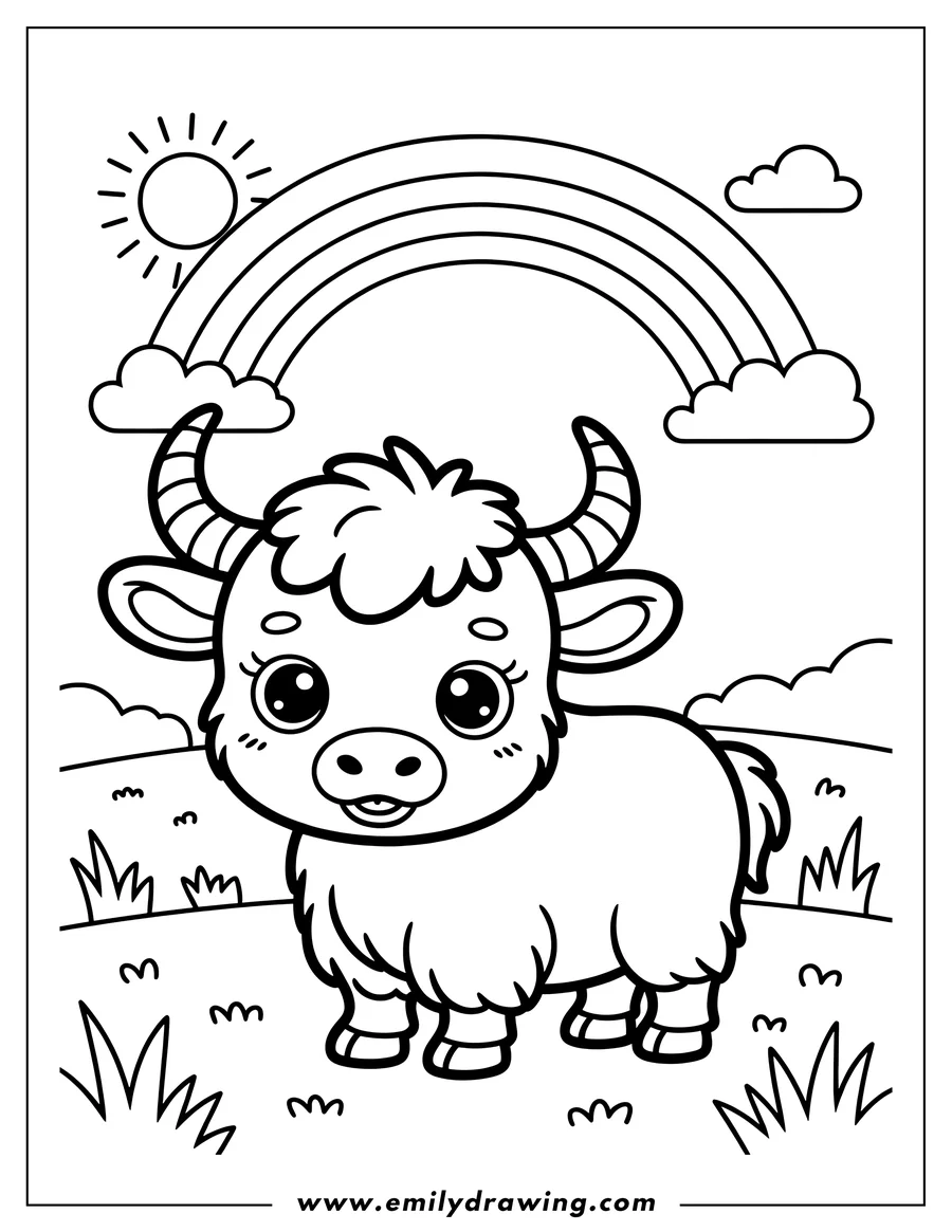 Outline of an ox standing in grass beneath a rainbow and sun.