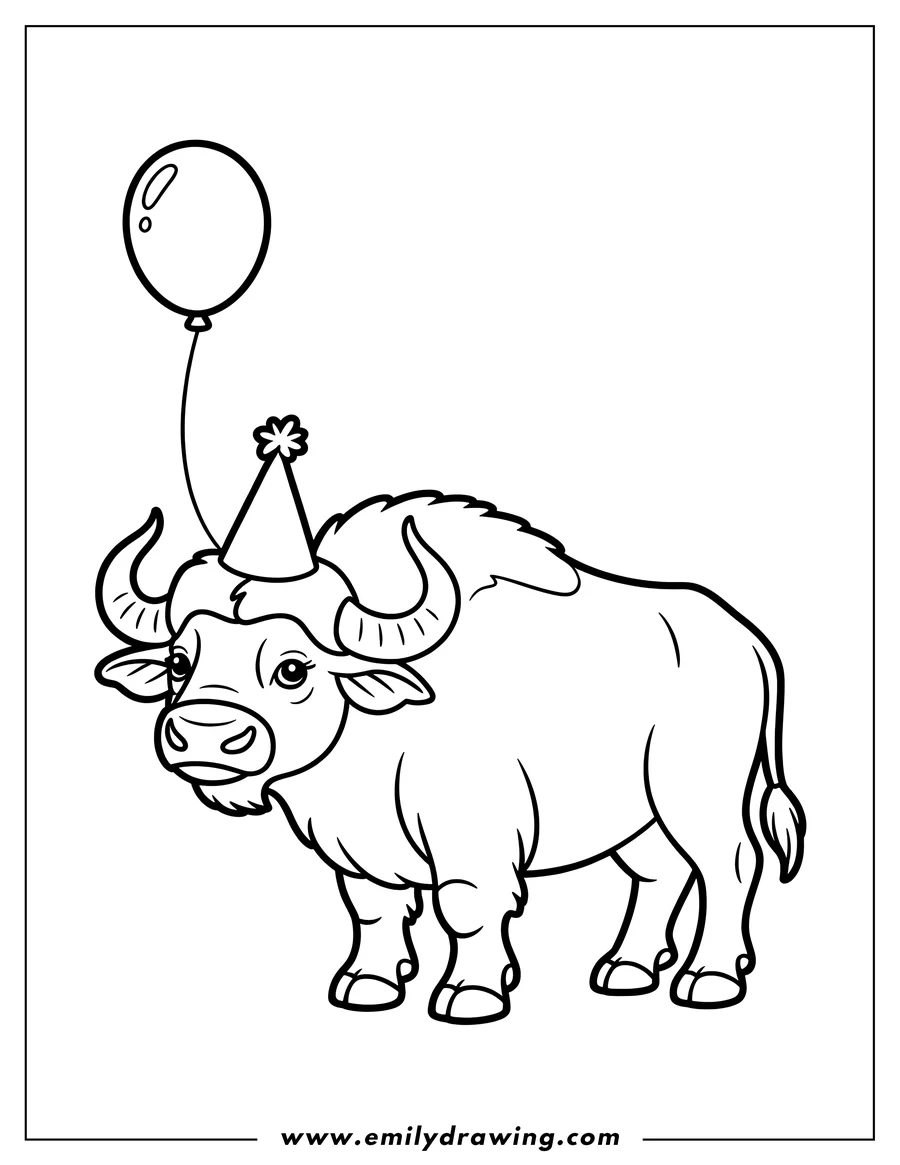 Outline of an ox wearing a party hat and holding a balloon.