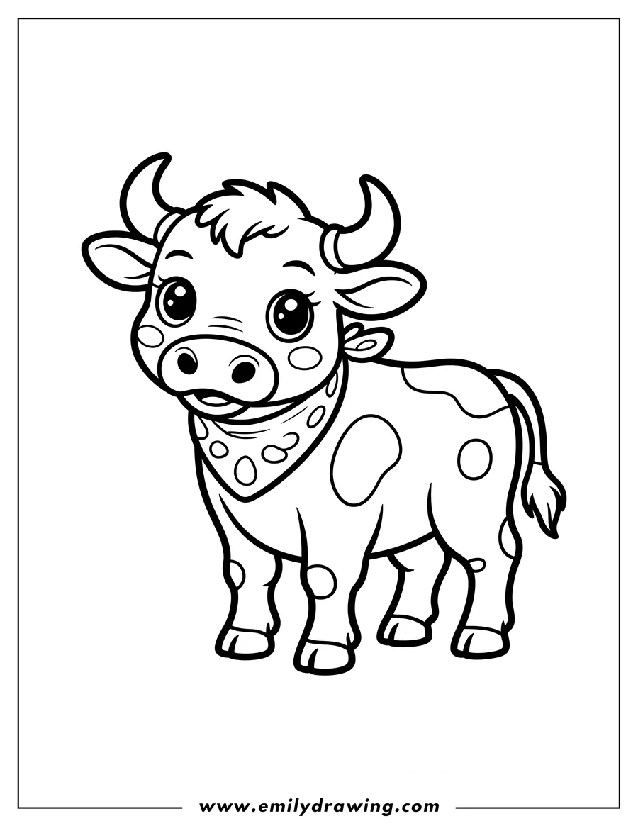 Outline of a young ox wearing a spotted bandana around its neck.
