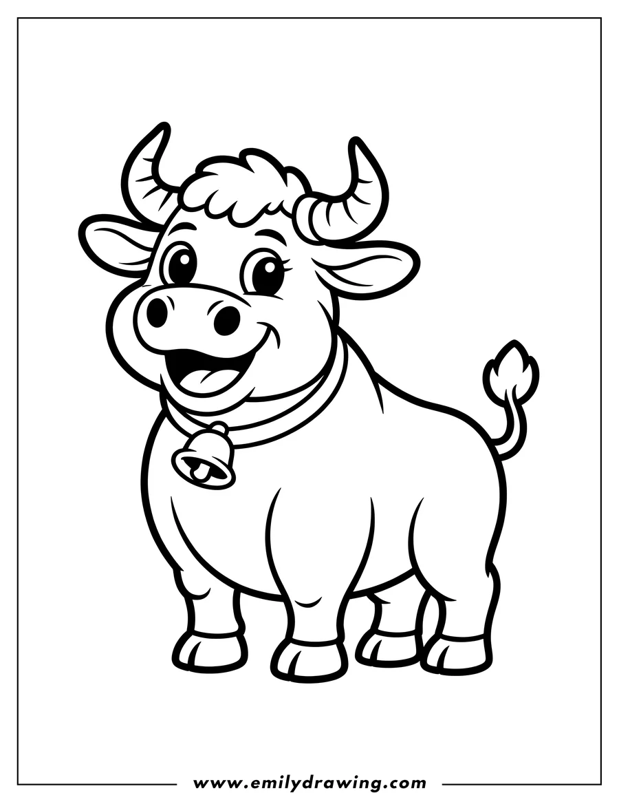 Line art of an ox wearing a bell around its neck.