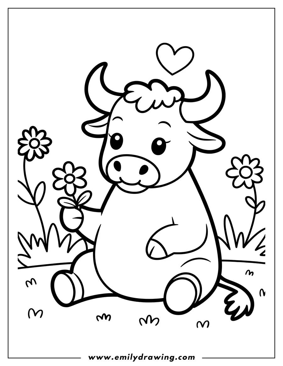 Outline of a cute ox sitting and holding a flower with more flowers and grass around it.