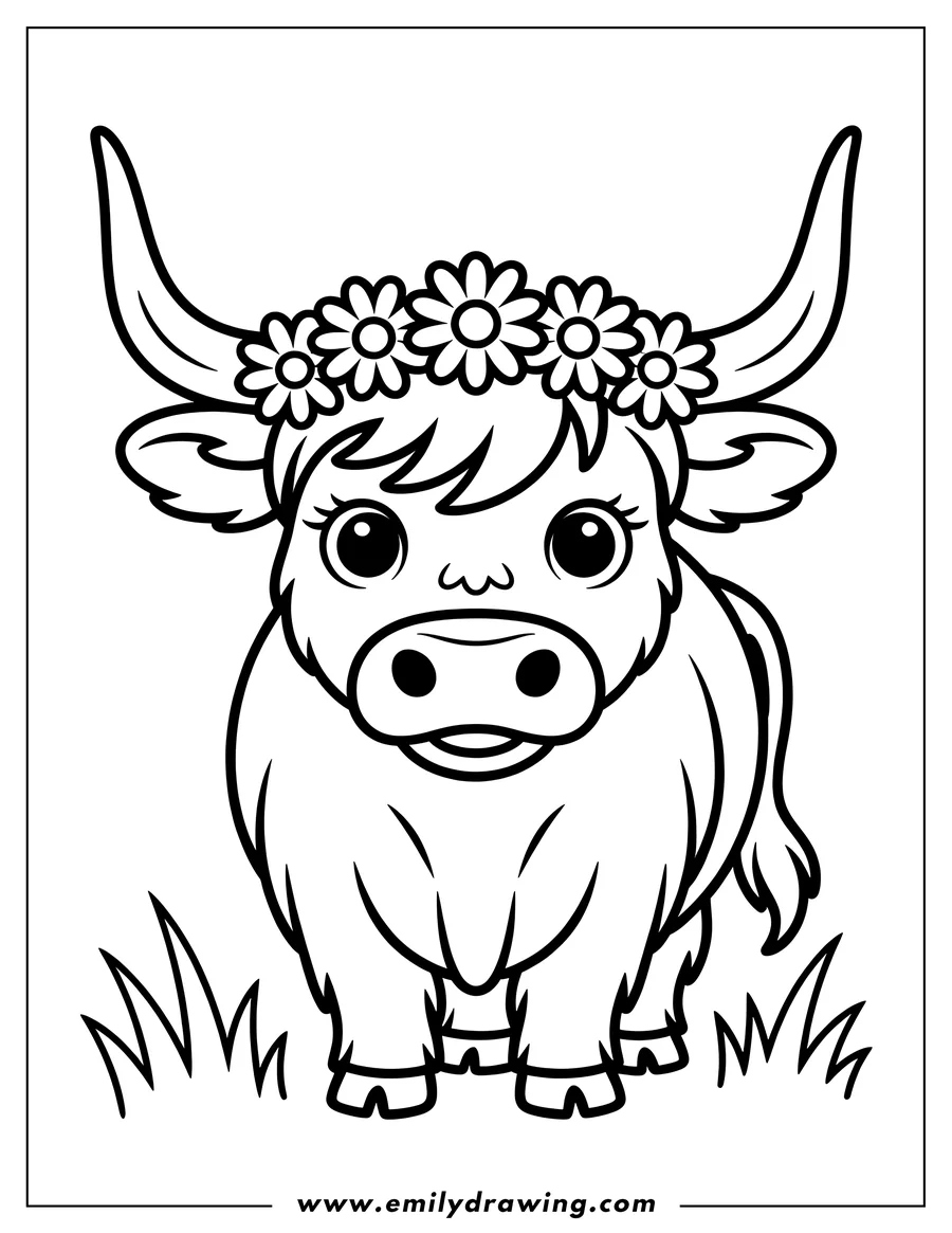 Outline of an ox wearing a flower crown and standing in the grass.