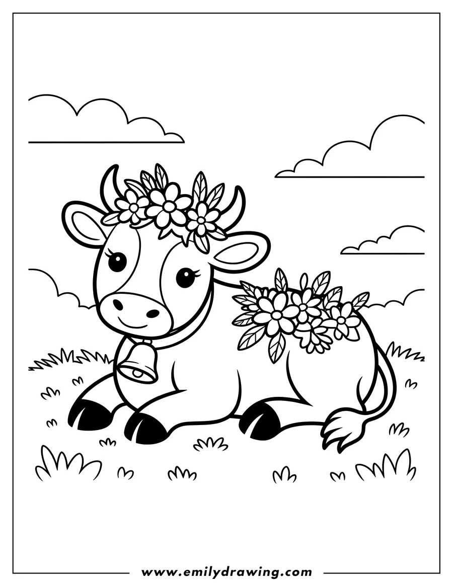 Outline of an ox sitting in the grass wearing a crown of flowers and more flowers on its back. It has a bell around its neck.