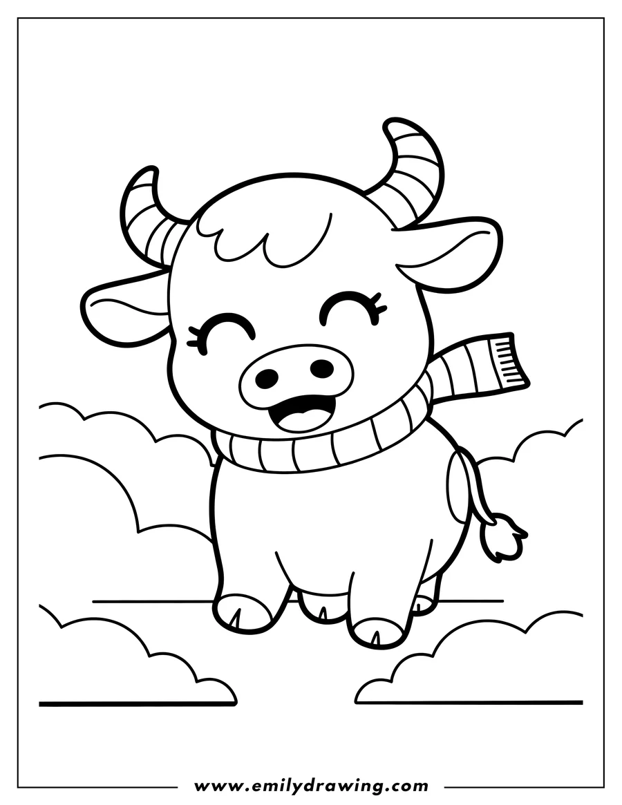 Outline of a happy ox wearing a striped scarf.