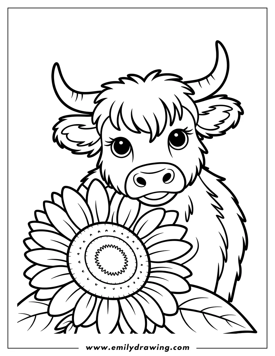Outline of a fluffy ox with large, friendly eyes positioned behind a sunflower.