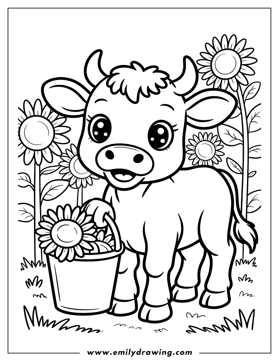 Outline of a young ox with a bucket of sunflowers. More sunflowers grow in the background.