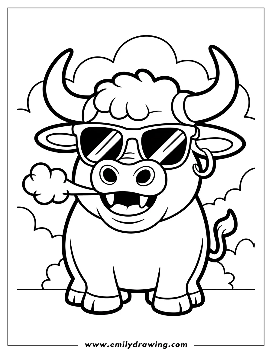 Outline of an ox wearing sunglasses and a puff of smoke coming from its mouth