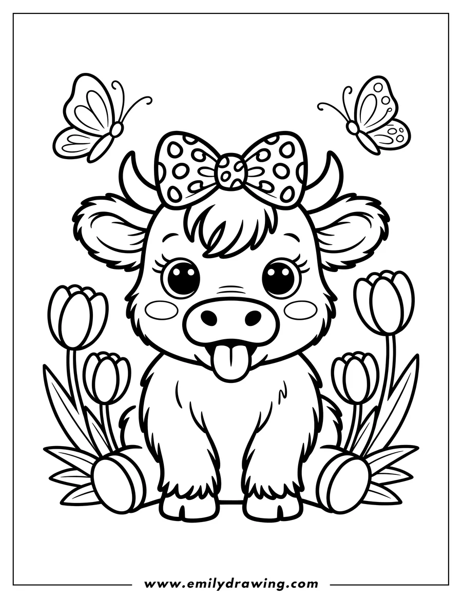 Outline of a young ox sitting between two tulips, its tongue sticking out playfully. The ox is wearing a polka-dotted bow and two butterflies hover nearby.