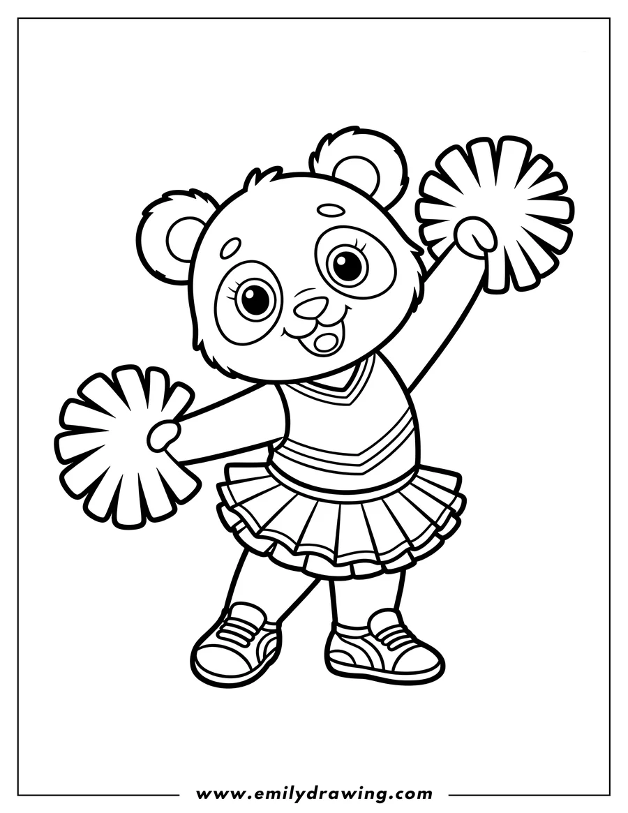 Line art of a panda dressed as a cheerleader, holding pom-poms.