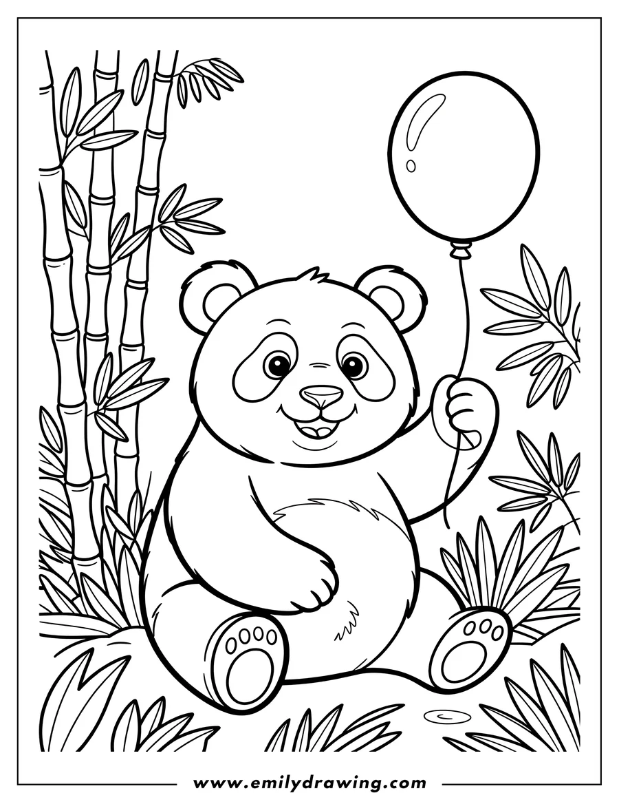Line art of a panda holding a balloon near bamboo.