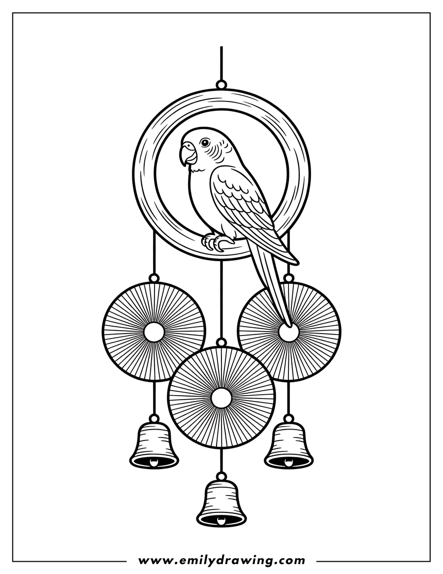 Line art of a parrot sitting on a circular perch, which is part of a mobile with decorative circles and bells hanging below.