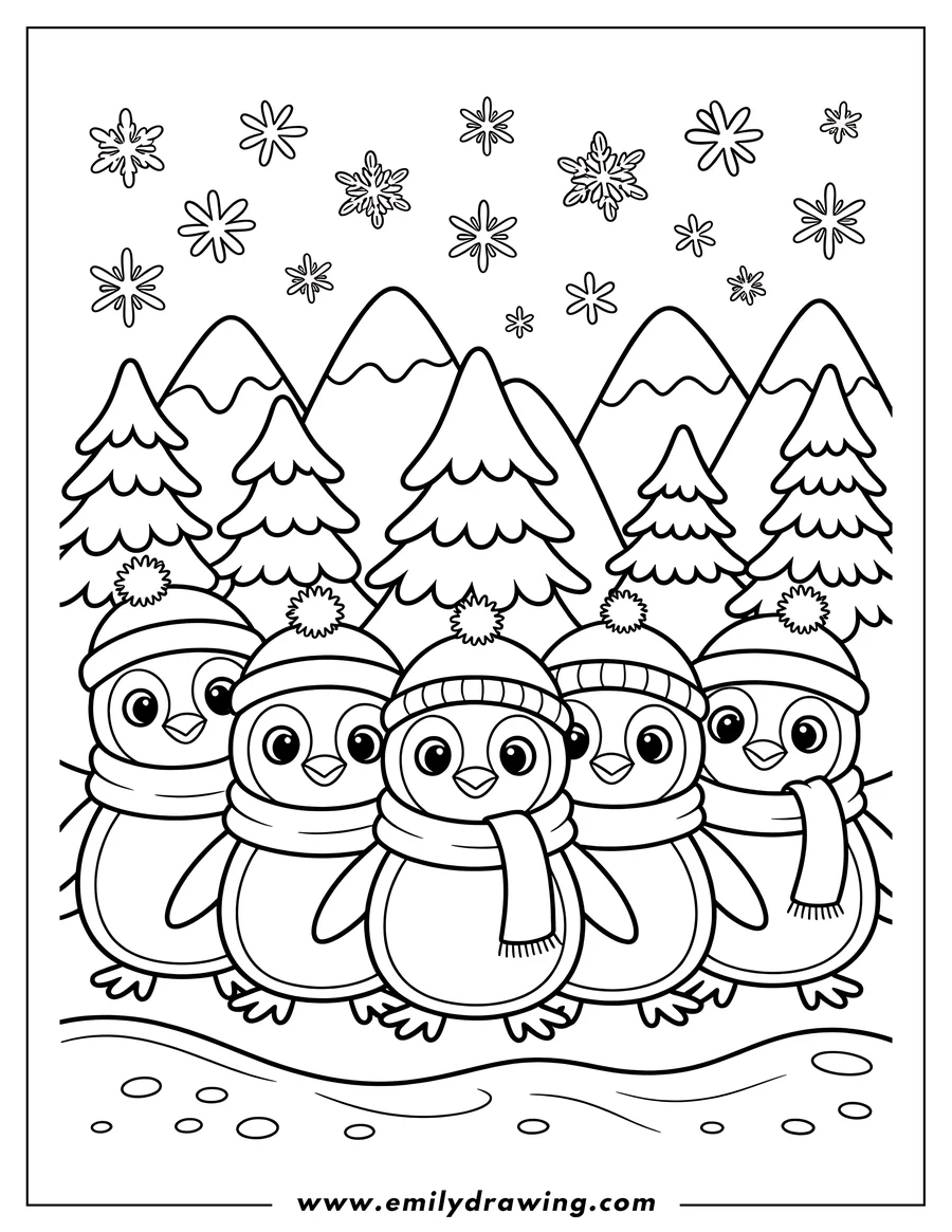 Outline of four penguins wearing winter hats and scarves, standing in the snow with snowy hills and pine trees in the background.