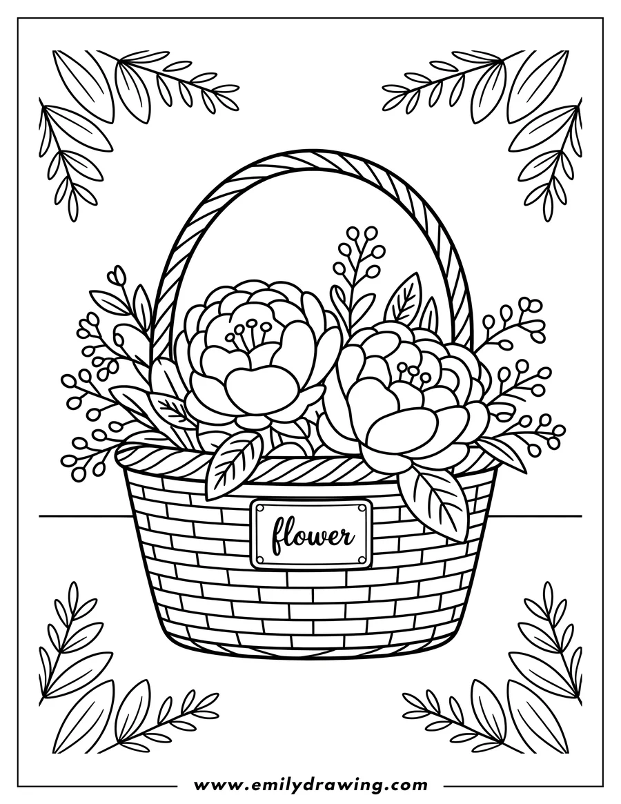 Line art illustration of two large peonies and smaller blossoms arranged in a wicker basket with a 'flower' tag. Simple floral design.