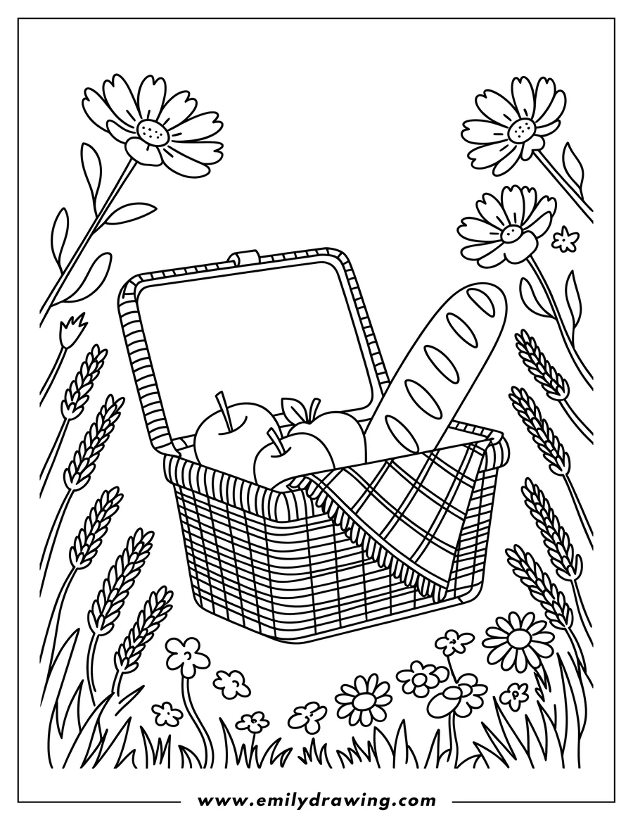 Line art of a picnic basket filled with apples, bread, and a checkered cloth, set in a field of flowers and wheat.