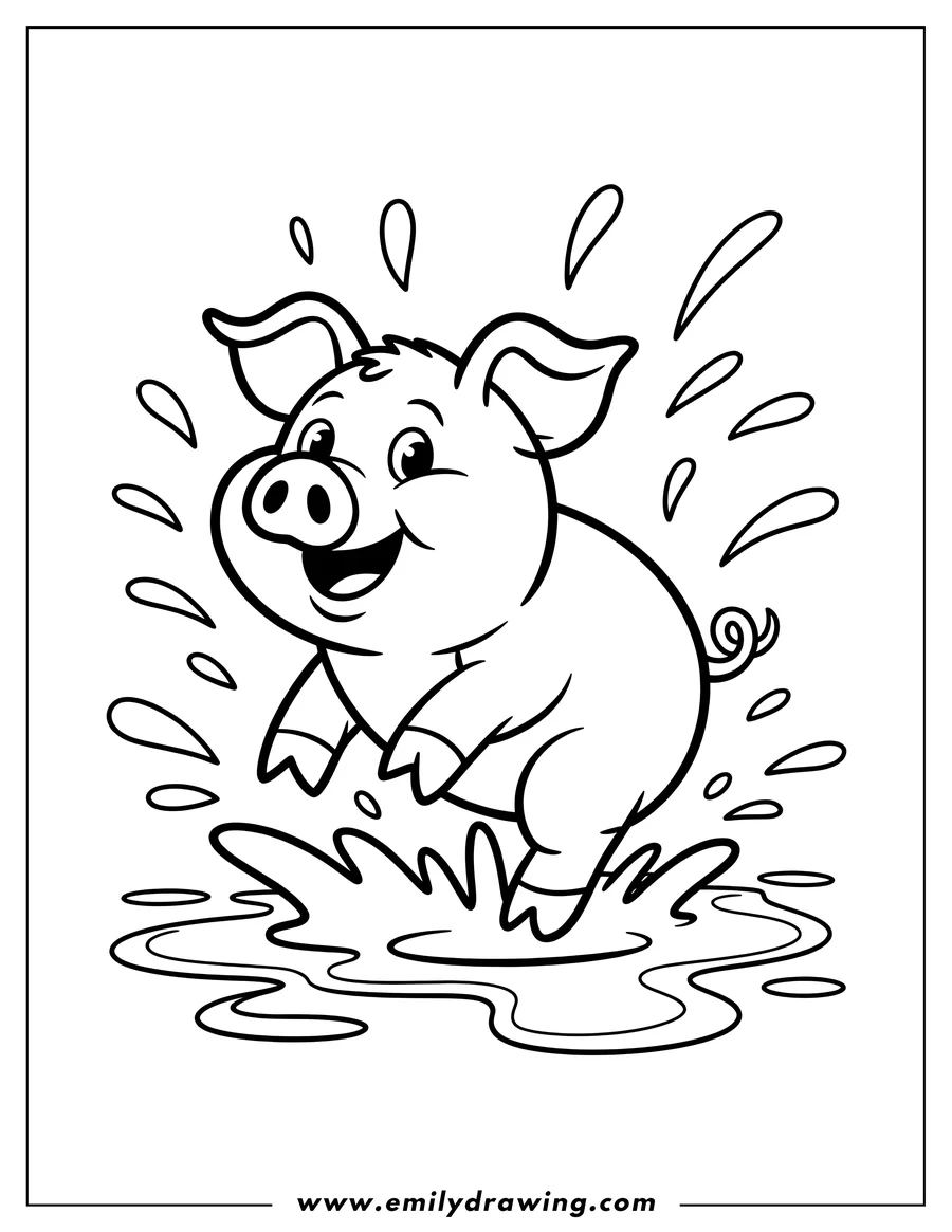 Line art of a cheerful pig jumping in a puddle, splashing water around.