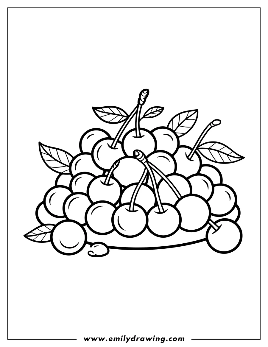Line art of a pile of cherries with stems and leaves.
