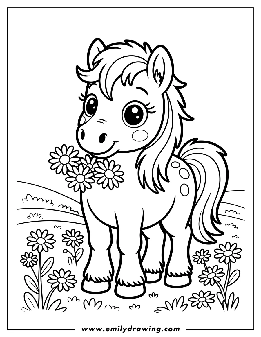 Outline of a pony holding a bunch of daisies, with more daisies growing in the field around it.