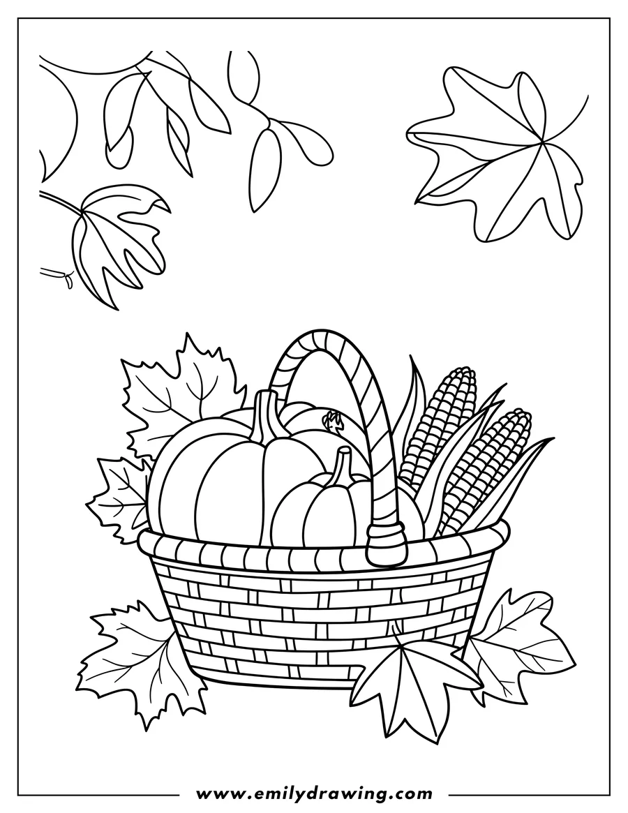 Line art of a basket filled with pumpkins and corn, surrounded by autumn leaves.