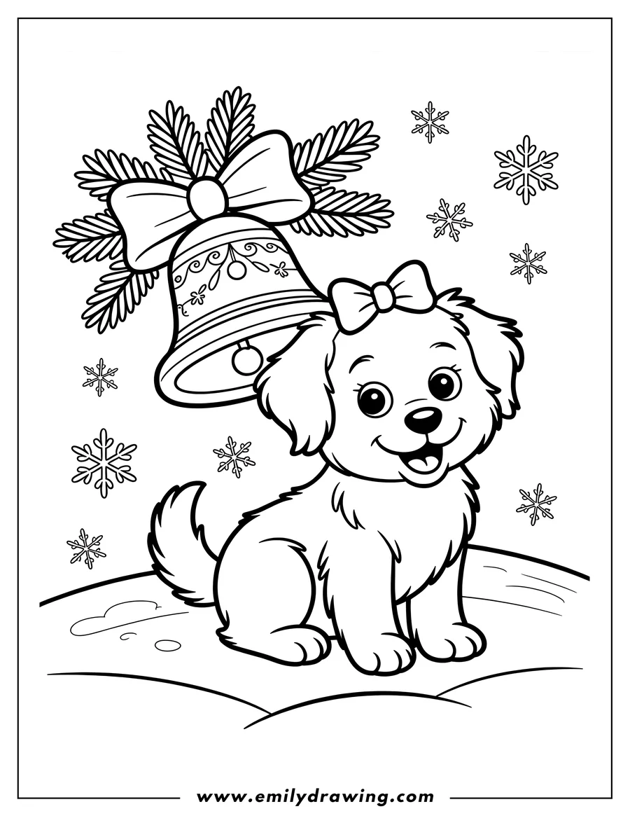 Line art of a puppy sitting with a Christmas bell decorated with a bow and pine branches. Snowflakes are visible in the background.
