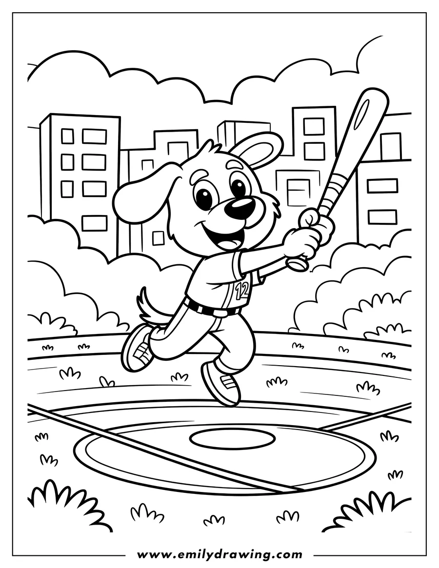 Outline of a puppy in a baseball uniform swinging a bat on a field, ready to hit a baseball. Buildings are visible in the background.