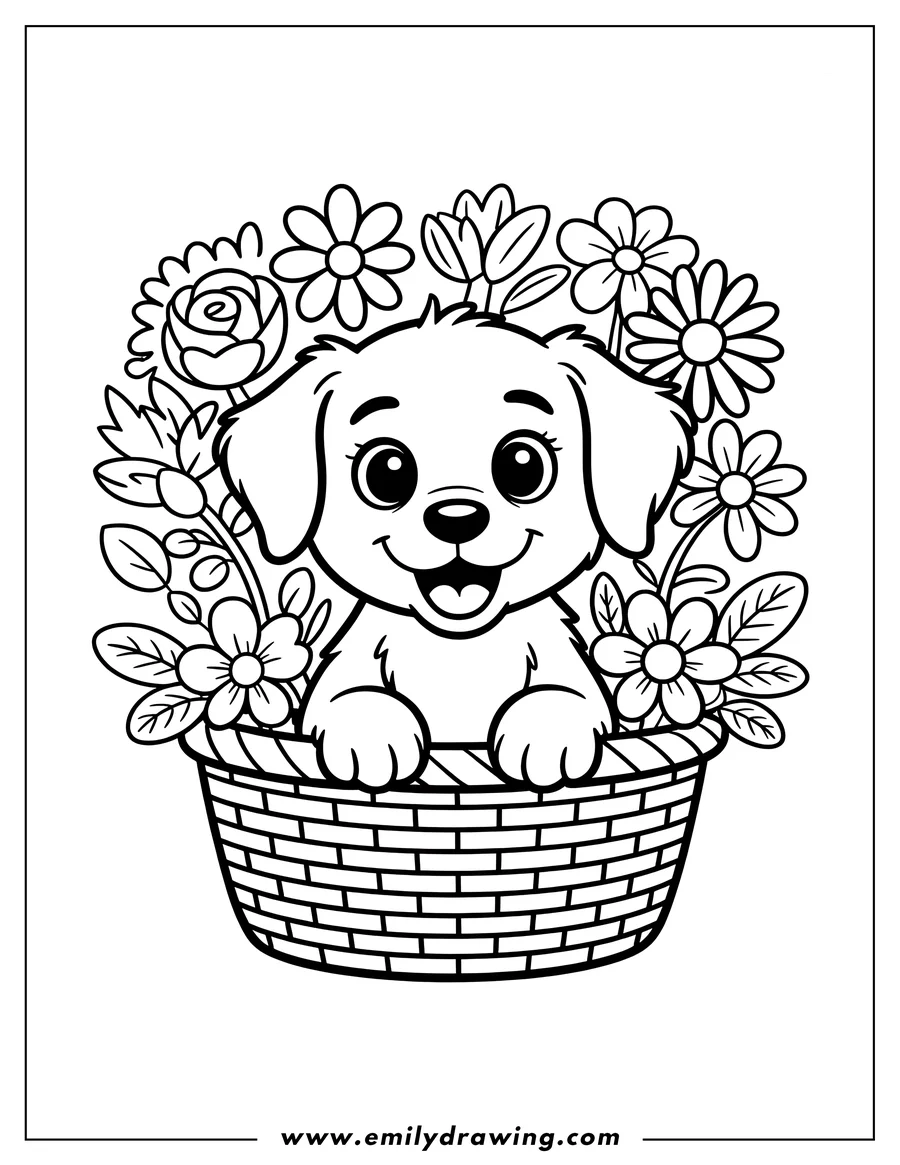 Outline of a puppy sitting in a basket full of flowers.