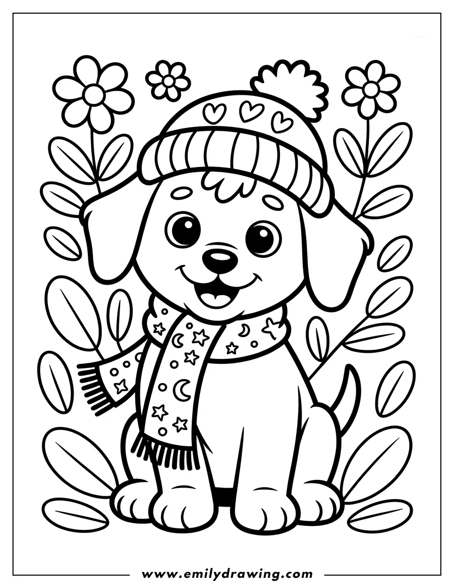 Outline of a puppy wearing a winter hat with hearts and a scarf with stars and moons, surrounded by simple flowers and leaves.