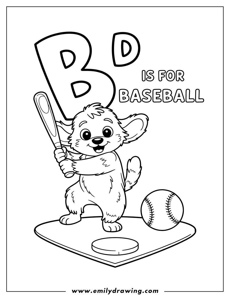 A playful puppy stands on home plate, holding a baseball bat.  A baseball sits nearby. The image includes a large letter 'B' and the words 'is for Baseball'.