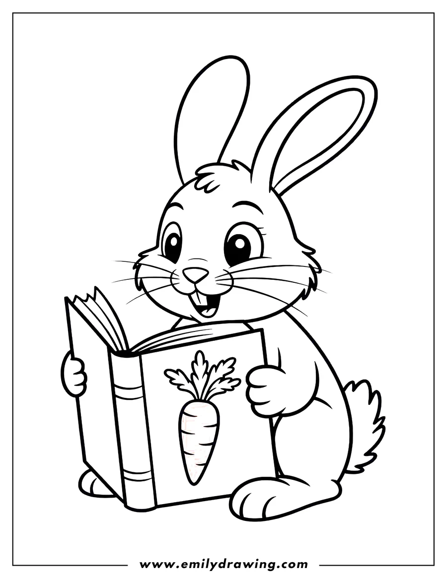 Outline of a rabbit reading a book with a carrot on the cover.