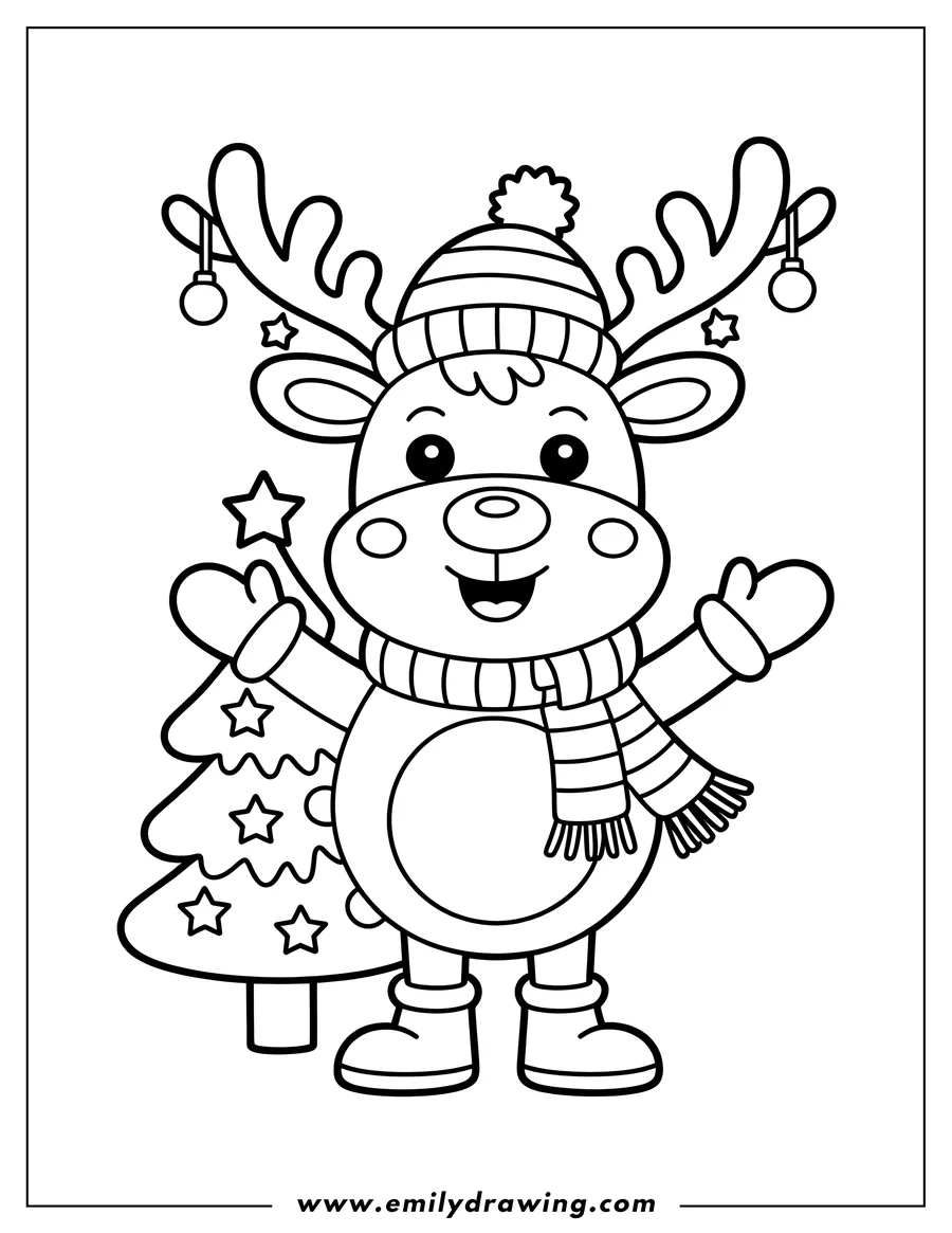 Outline of a reindeer wearing a winter hat, scarf, and mittens, standing next to a decorated Christmas tree. The reindeer's antlers have ornaments hanging from them.