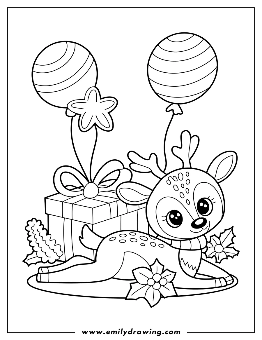 Outline of a reindeer with Christmas presents, balloons, and festive decorations.