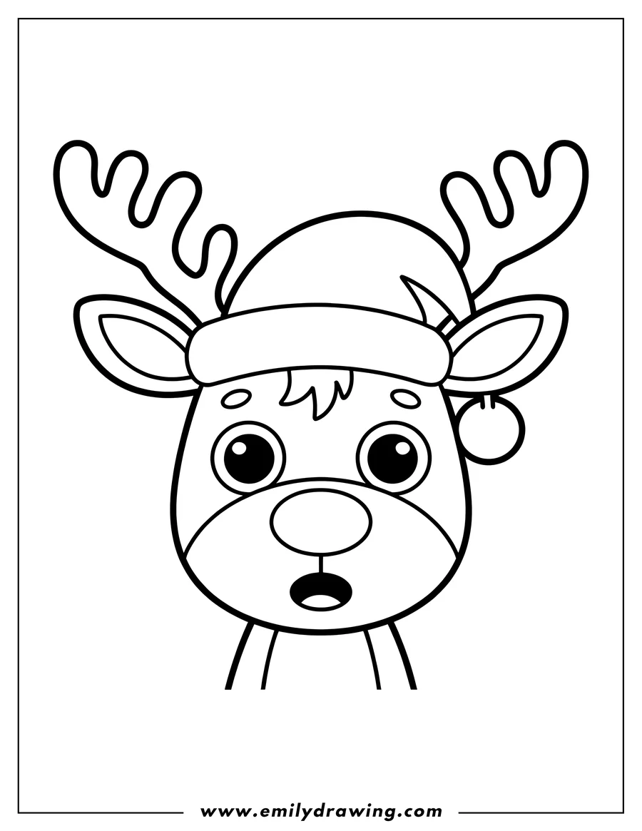 Outline of a reindeer wearing a Santa hat and jingle bell, ready for coloring.