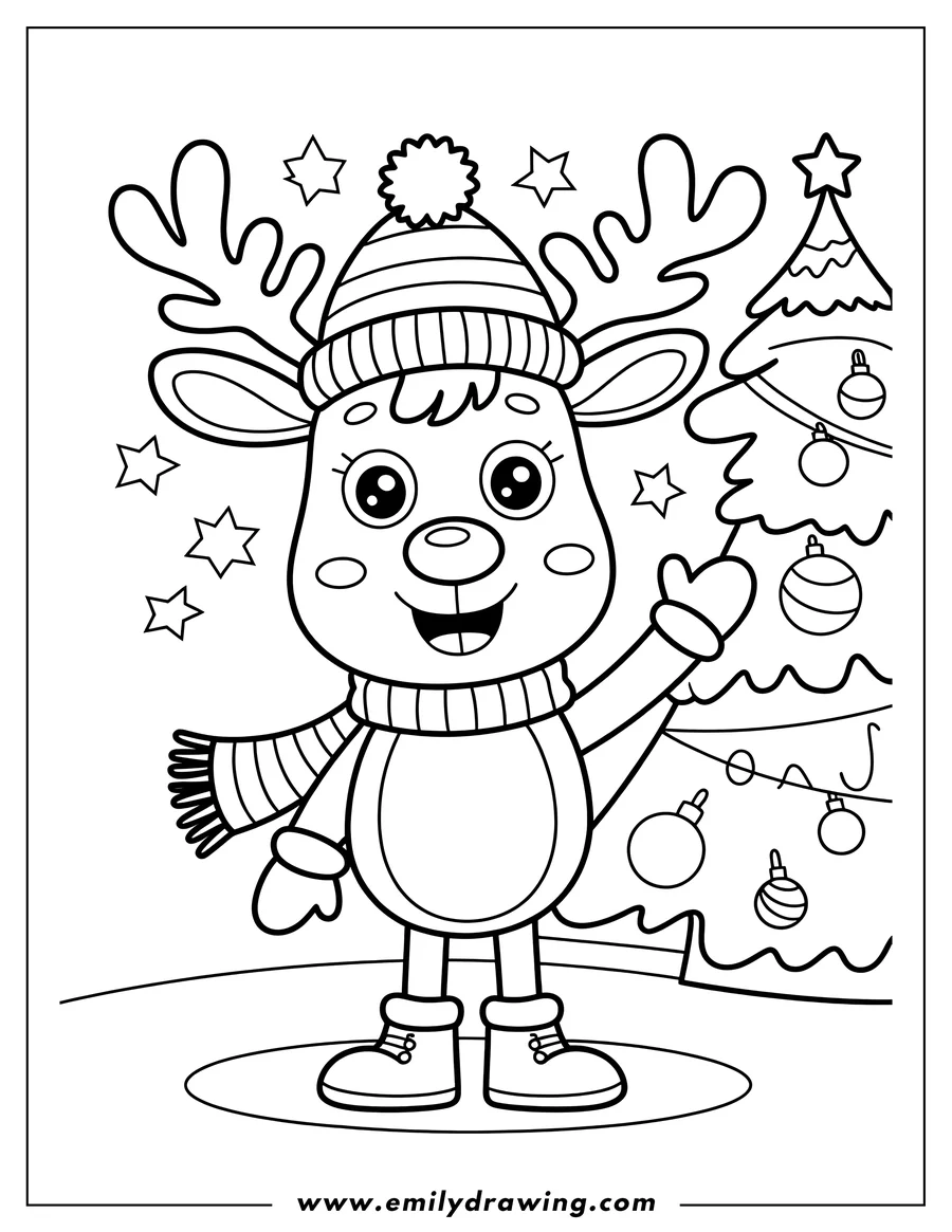 Line art of a reindeer wearing a striped winter hat, scarf, and boots, standing near a decorated Christmas tree.