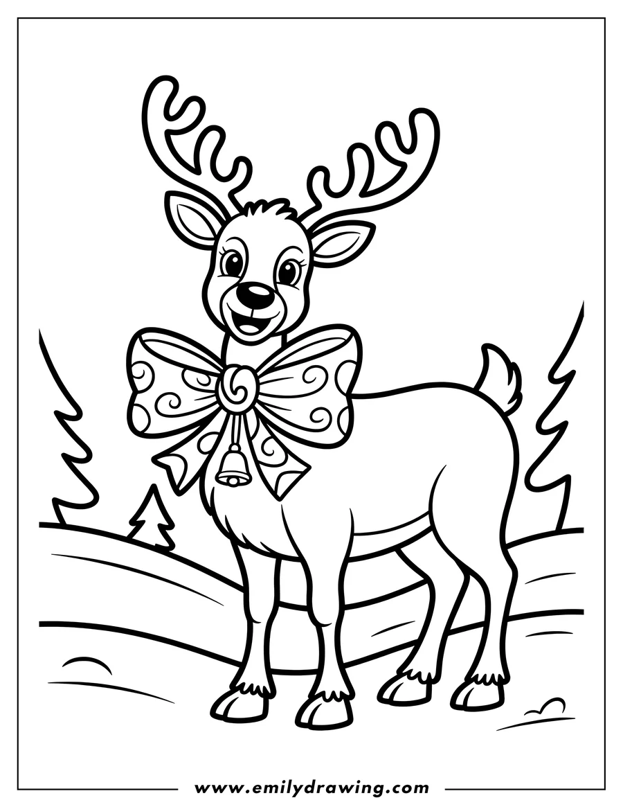 Outline of a reindeer wearing a large bow with a bell attached, standing in a snowy field with pine trees in the background.