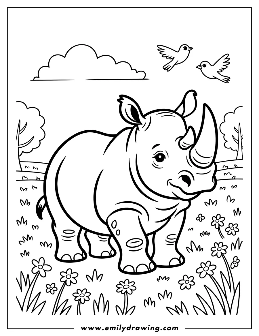 Outline of a rhino standing in a field of flowers with two birds flying overhead.