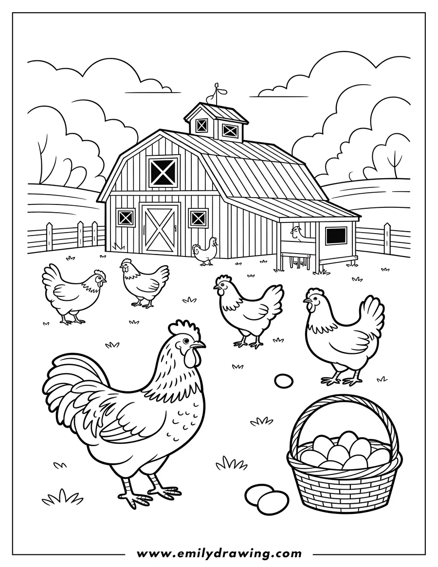 Line art of a rooster, several hens, and a basket of eggs on a farm with a barn in the background.