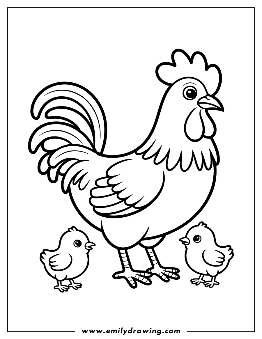 Line art of a rooster with two chicks, one on each side.