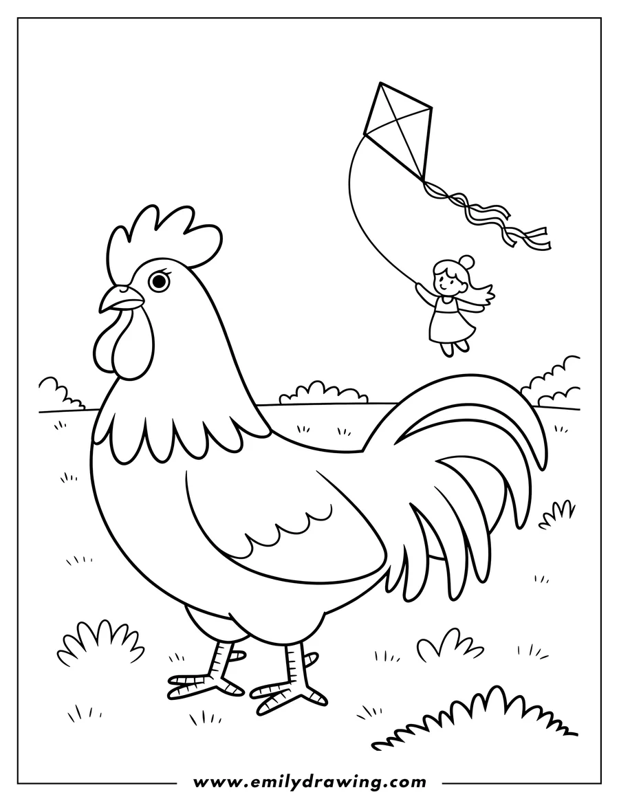 Line art of a rooster standing in a field, while a girl flies a kite in the background.