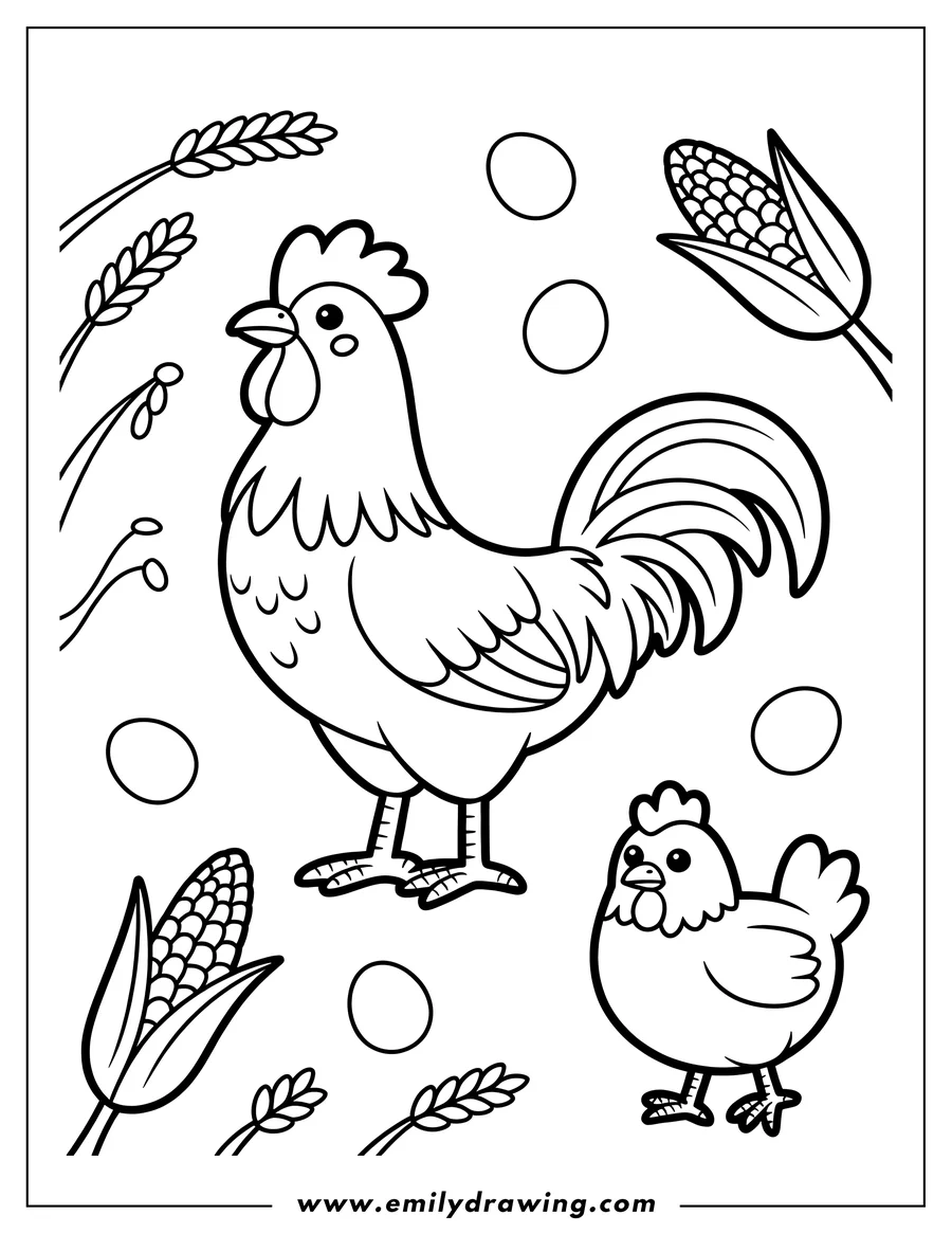 Line art of a rooster and hen surrounded by corn and wheat stalks.  It's a simple design, perfect for young children.