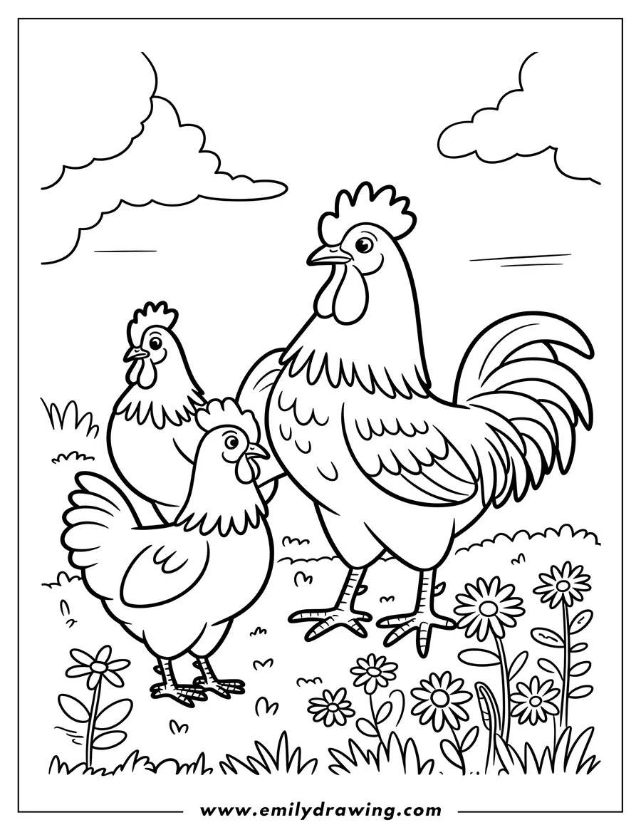 Outline of a rooster and two hens standing in a field with flowers and grass. The sky has fluffy clouds.