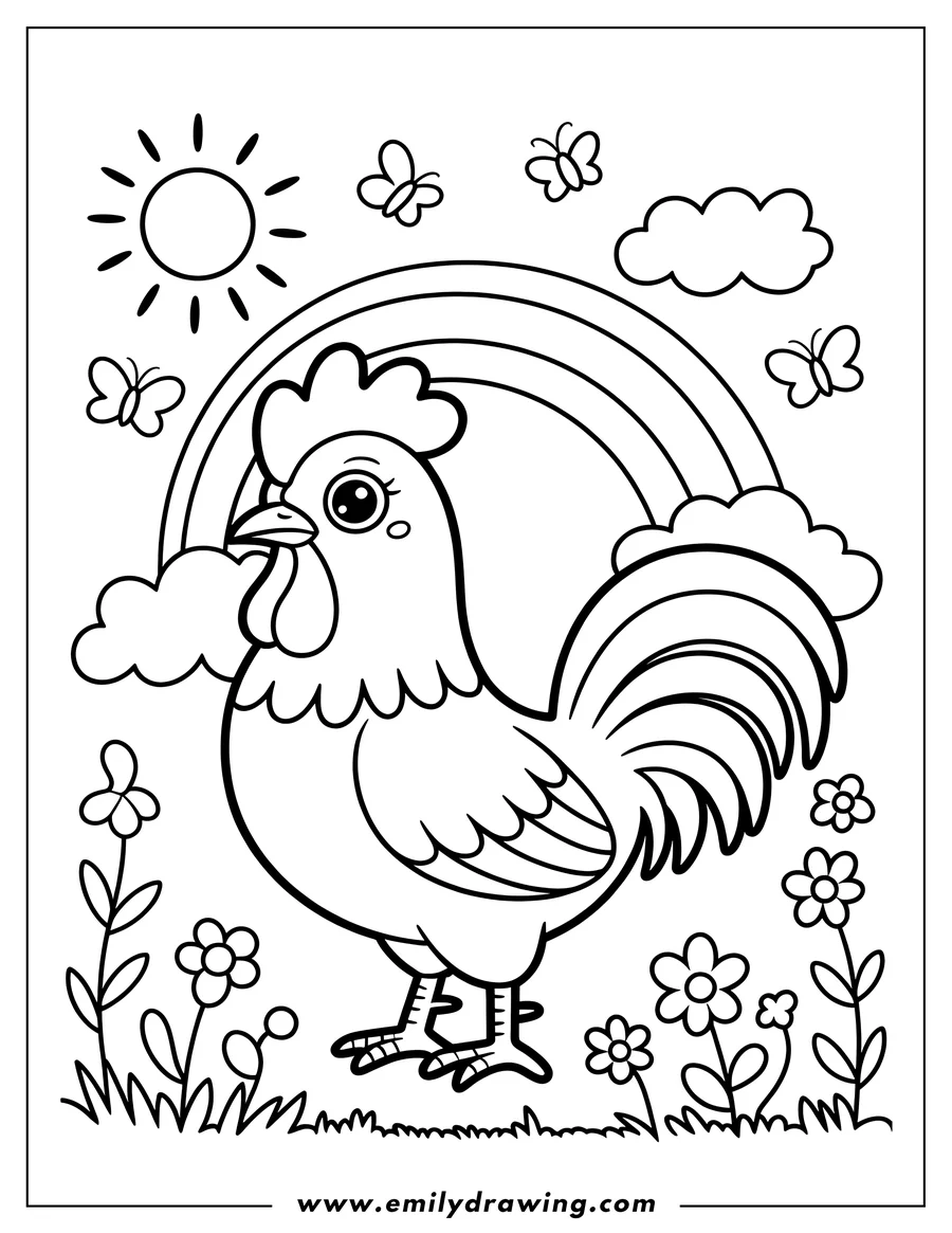 Outline of a rooster standing in a field of flowers, with a rainbow, sun, clouds, and butterflies in the background.