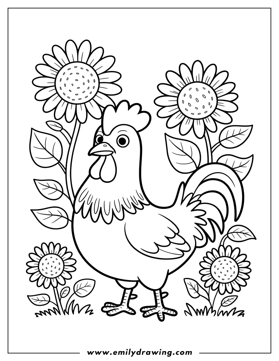 Line art of a rooster surrounded by sunflowers.