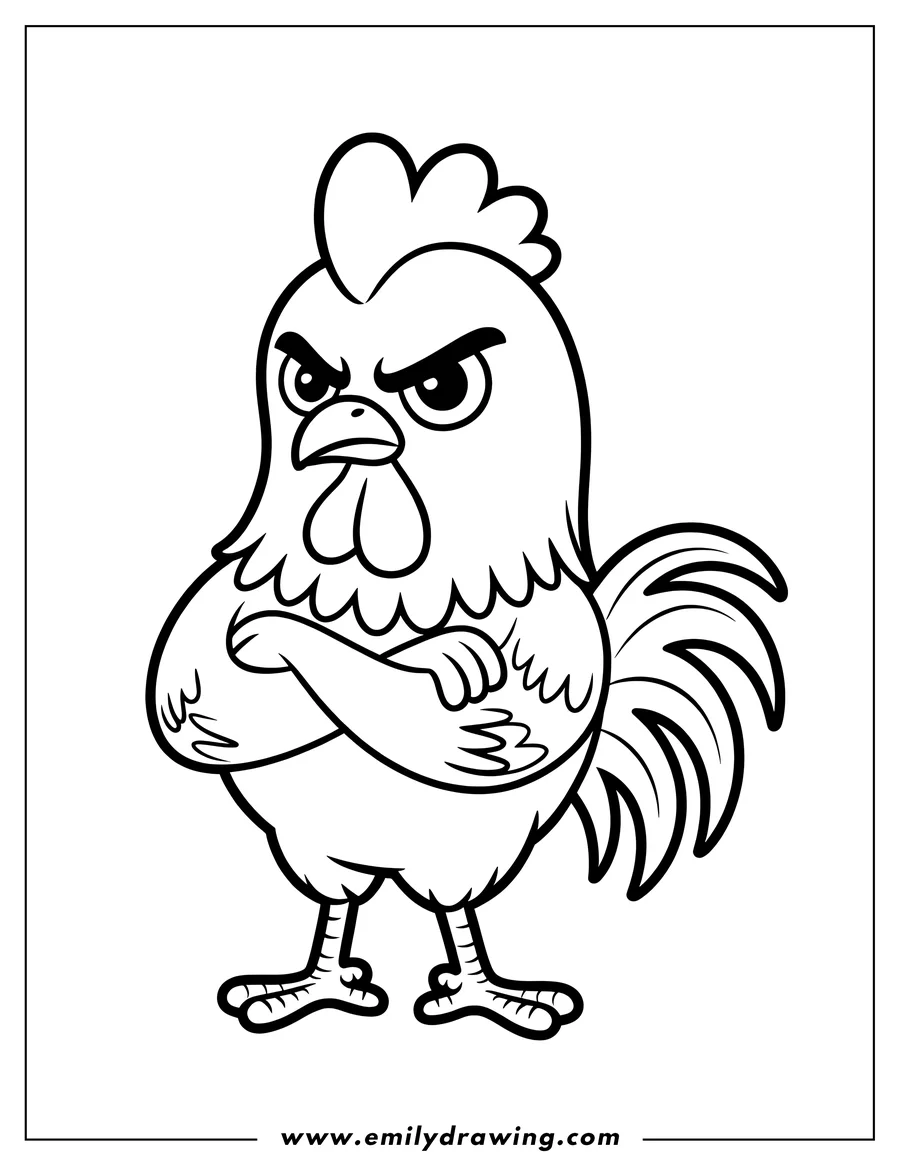 Line art of a rooster standing with its arms crossed, looking grumpy.