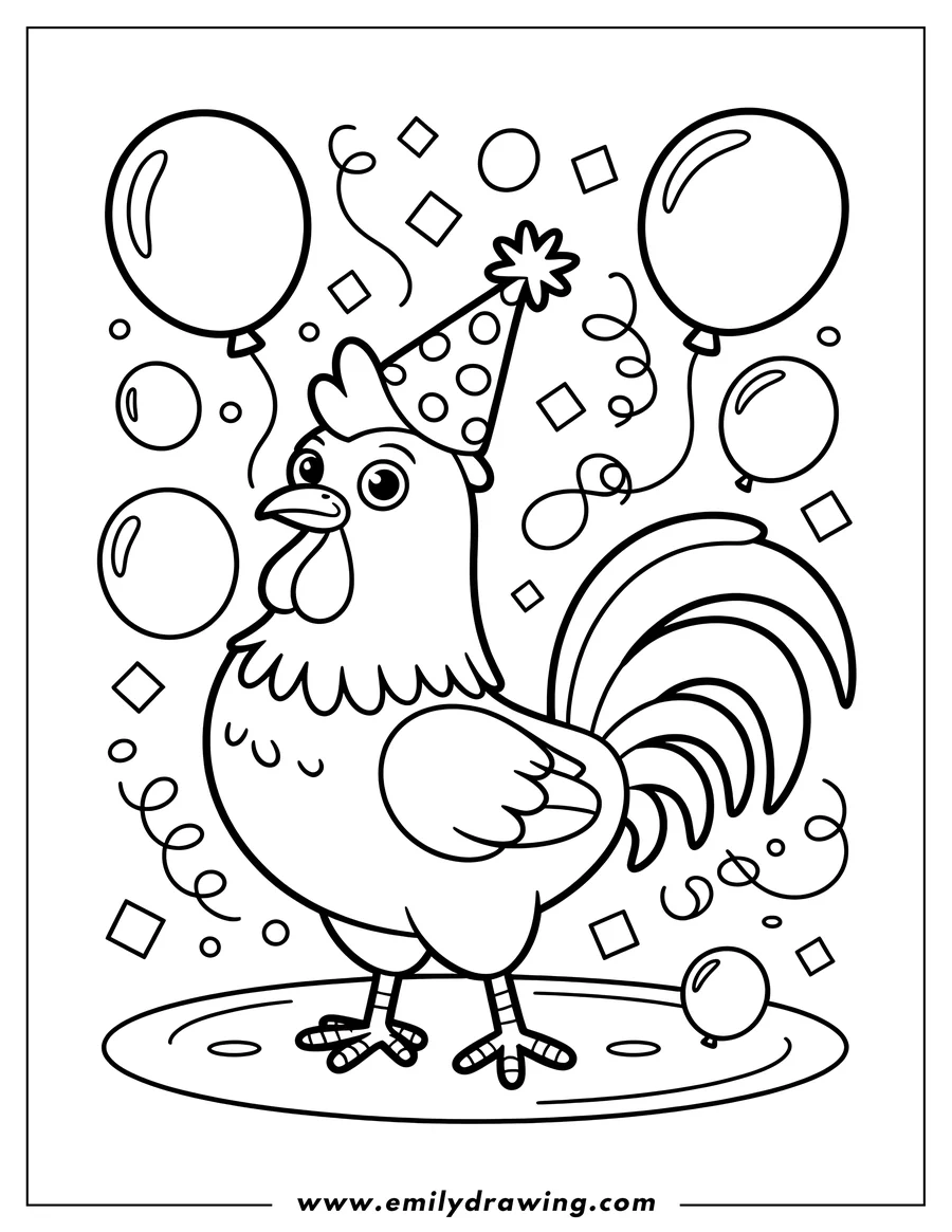 Line art of a rooster wearing a party hat, surrounded by balloons and confetti.