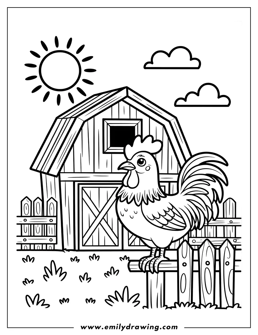 Outline of a rooster perched on a wooden fence post near a barn. The sun is shining and there are fluffy clouds in the sky.