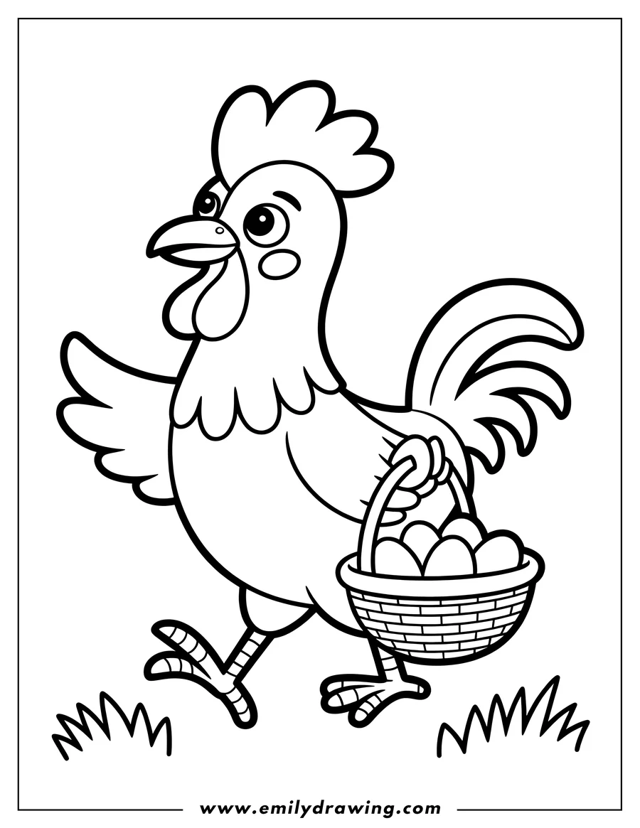 Line art of a rooster carrying a basket full of eggs. He is walking across grass.