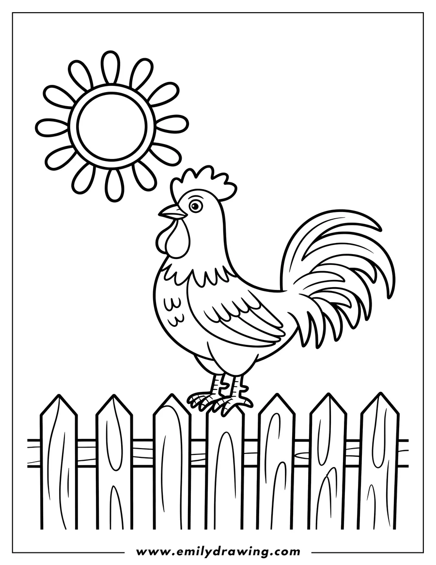 Line art of a rooster crowing on a wooden fence with the sun rising in the background.