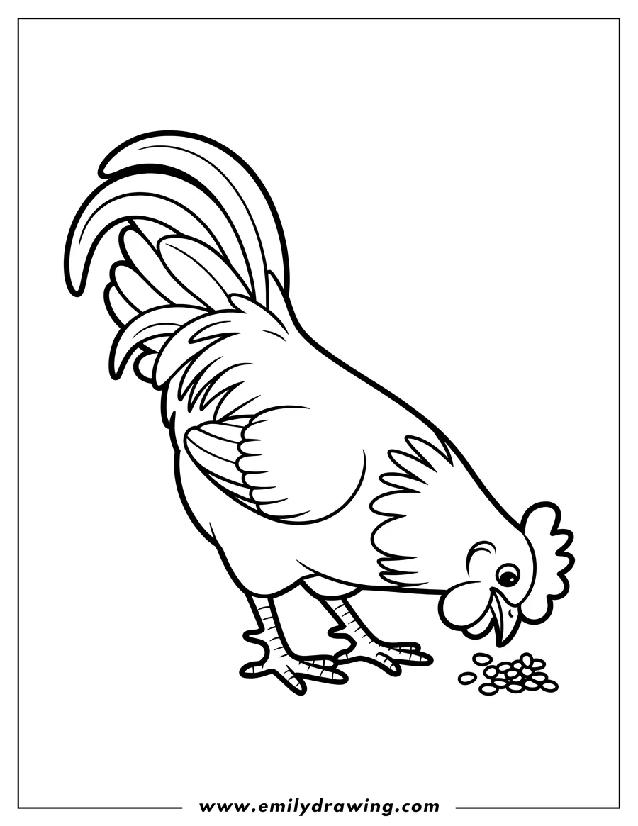 Line art of a rooster pecking at seeds on the ground.