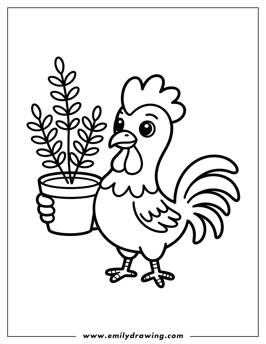Outline of a rooster holding a small potted plant.